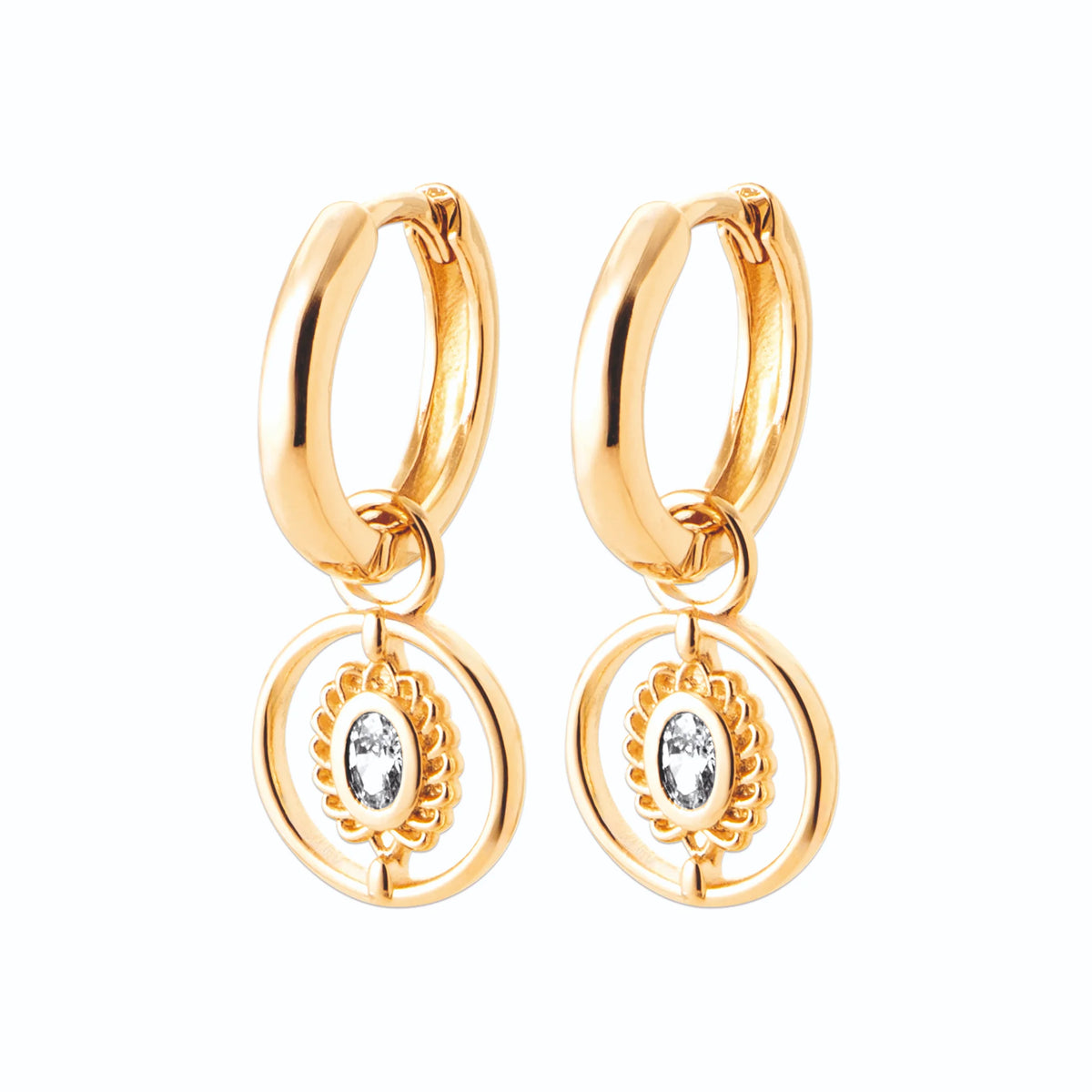 Boucles d’oreilles créoles et médaillon zircon navette en plaqué or