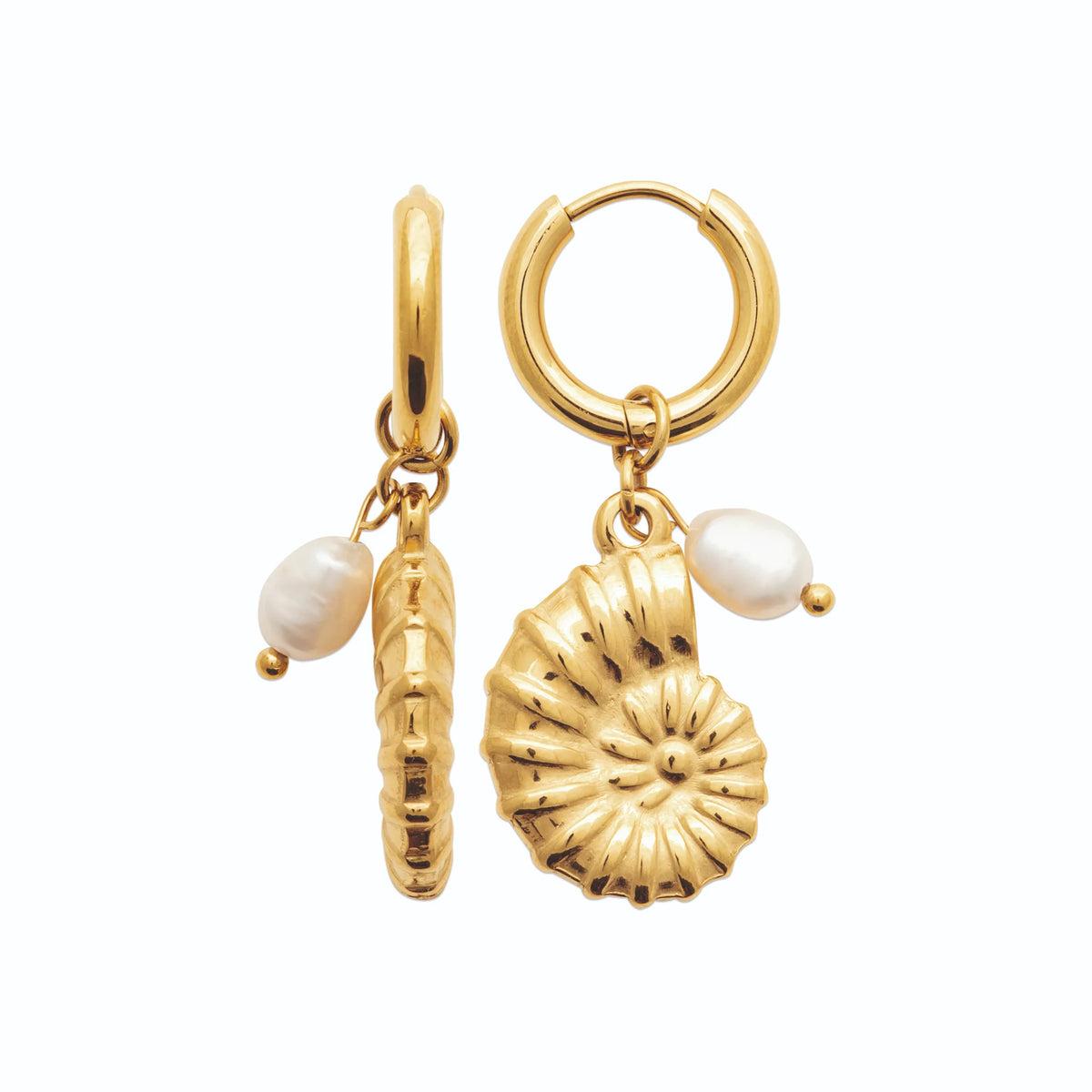 Boucles d’oreilles créoles nautile et perle d’imitation en acier PVD doré