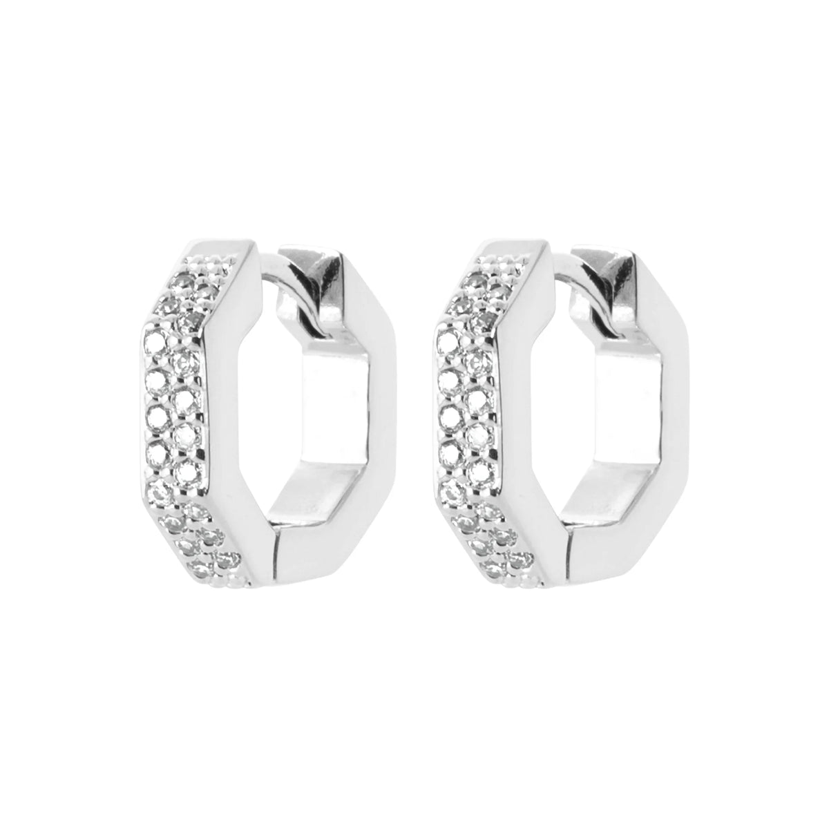 Boucles d’oreilles créoles octogonales pavées de zircons en argent 925 rhodié