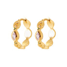 Boucles d’oreilles créoles ondulées et pierre navette rose en plaqué or