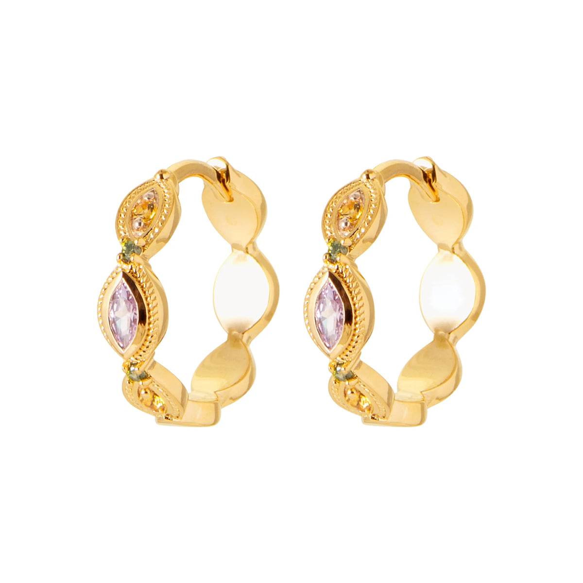 Boucles d’oreilles créoles ondulées et pierre navette rose en plaqué or