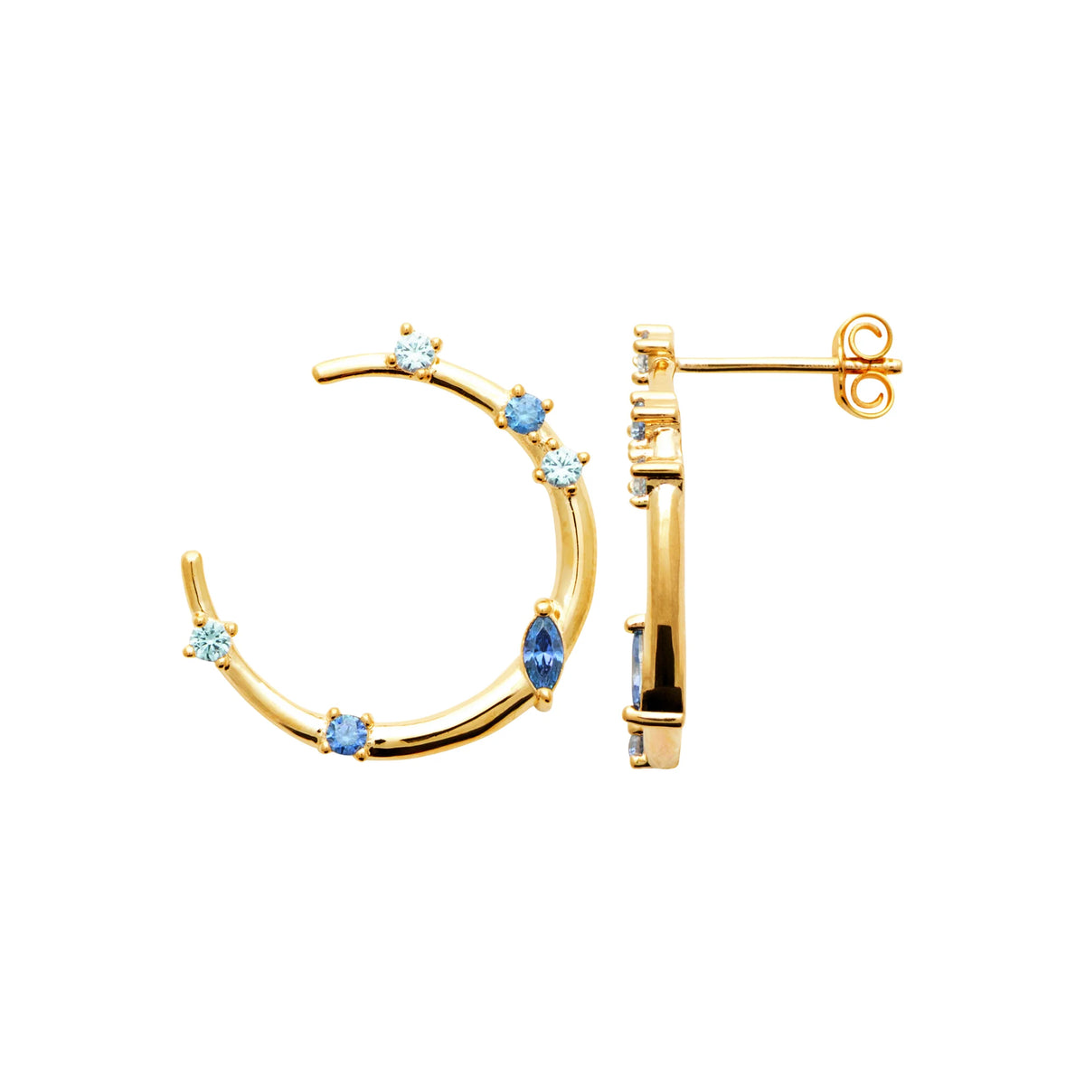 Boucles d’oreilles créoles ouvertes ponctuées de pierres bleues grand modèle en plaqué or