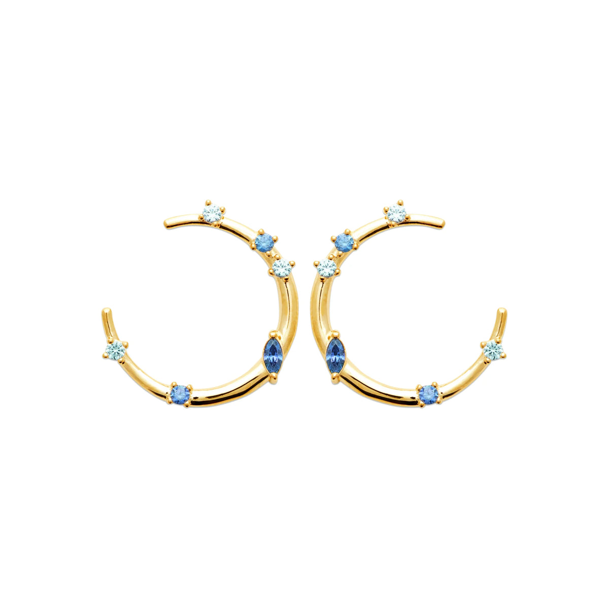 Boucles d’oreilles créoles ouvertes ponctuées de pierres bleues grand modèle en plaqué or