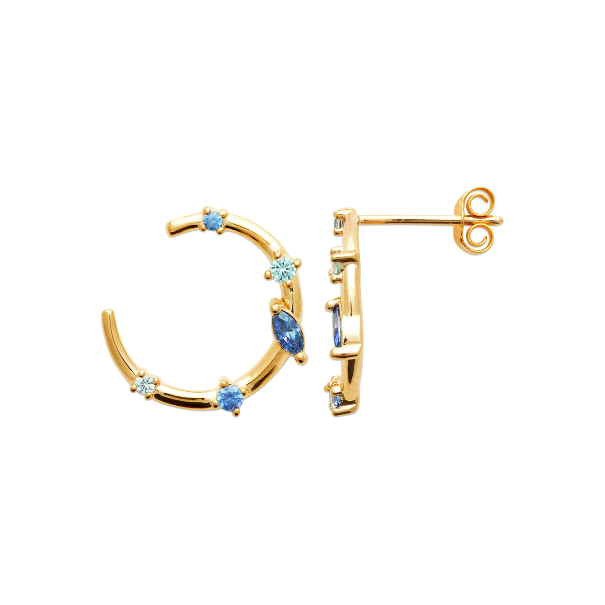 Boucles d’oreilles créoles ouvertes ponctuées de pierres bleues petit modèle en plaqué or