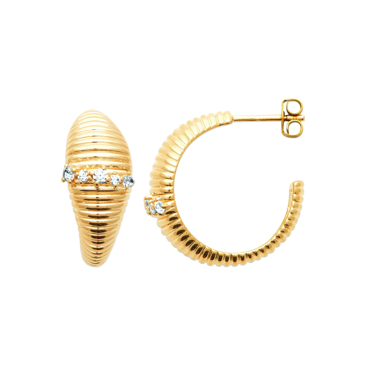 Boucles d’oreilles créoles ouvertes striées et bande de zircons en plaqué or