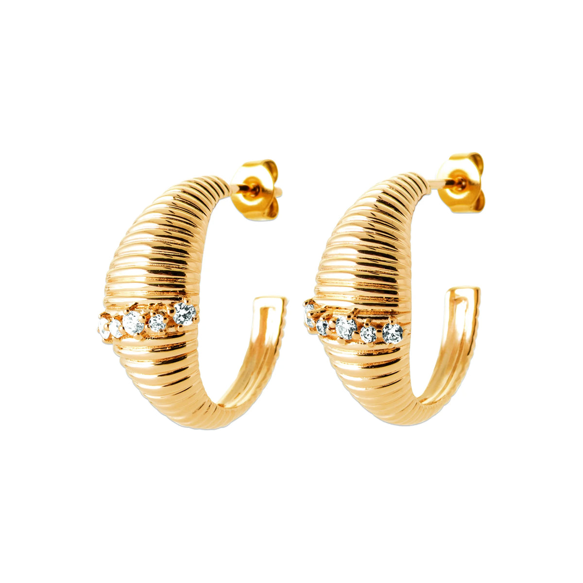 Boucles d’oreilles créoles ouvertes striées et bande de zircons en plaqué or