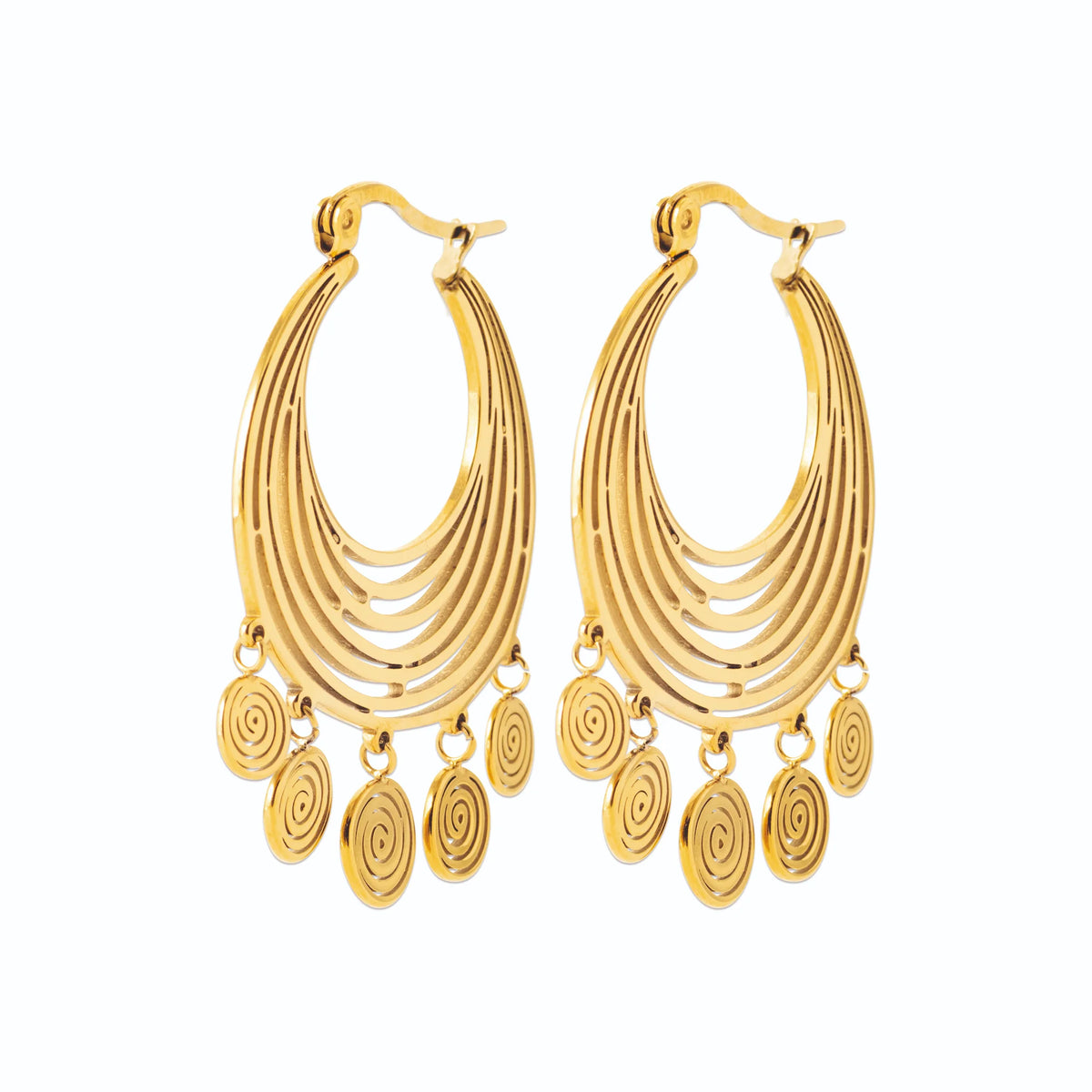Boucles d’oreilles créoles ovales à fils multiples et pampilles en acier PVD doré