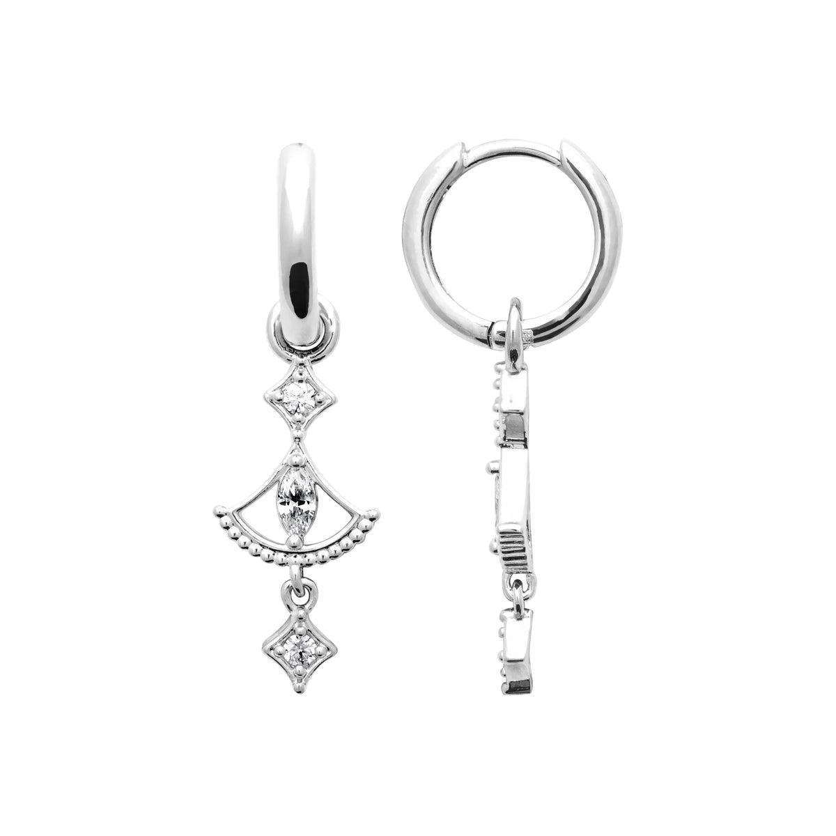 Boucles d’oreilles créoles et pampille éventail en argent 925 rhodié