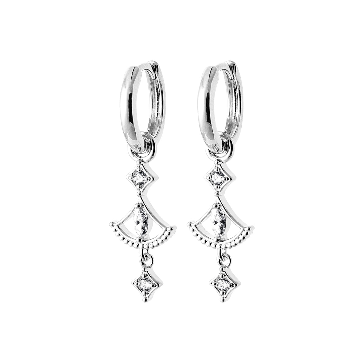 Boucles d’oreilles créoles et pampille éventail en argent 925 rhodié