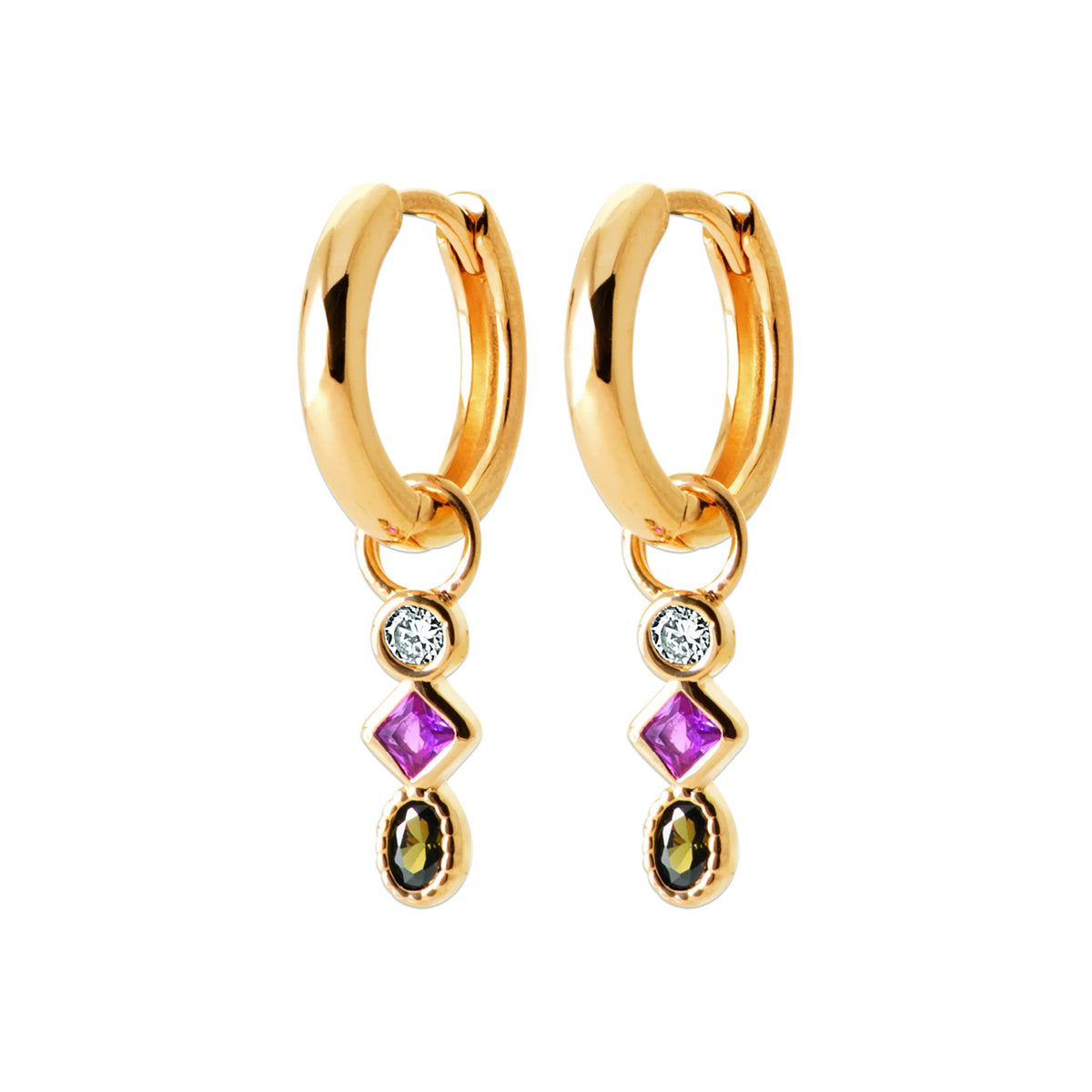 Boucles d’oreilles créoles et pampille de pierres rose et fumée en plaqué or