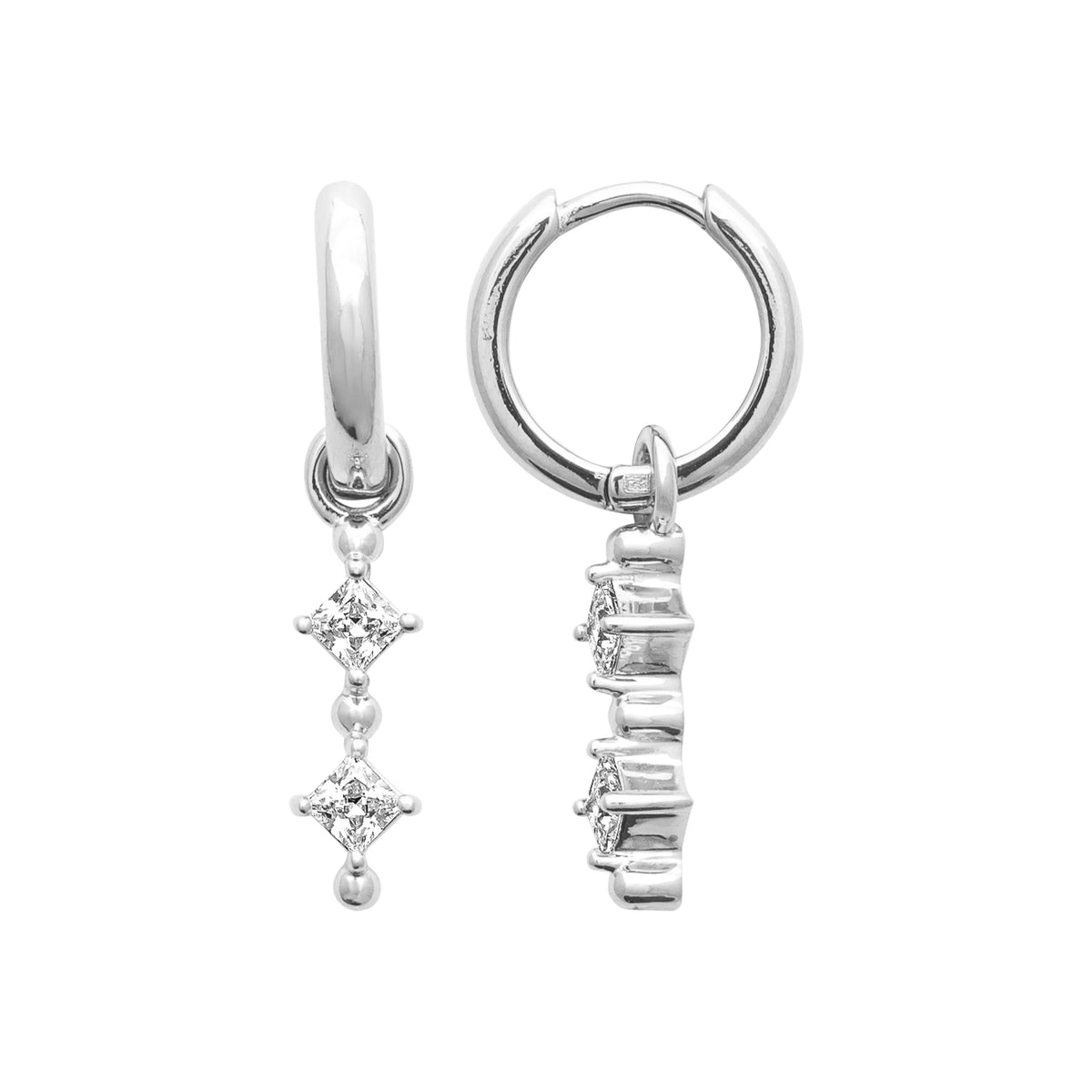 Boucles d’oreilles créoles et pampille trois zircons en argent 925 rhodié