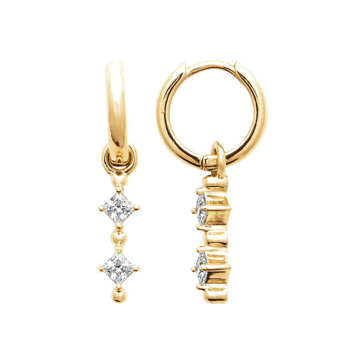 Boucles d’oreilles créoles et pampille trois zircons en plaqué or