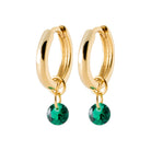 Boucles d’oreilles créoles 12 mm et pampille verte en plaqué or