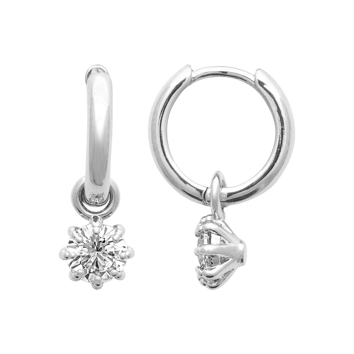 Boucles d’oreilles créoles et pampille zircon rond en argent 925 rhodié