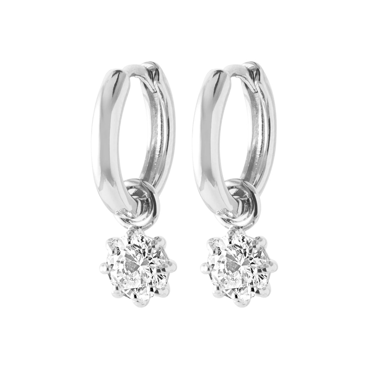 Boucles d’oreilles créoles et pampille zircon rond en argent 925 rhodié