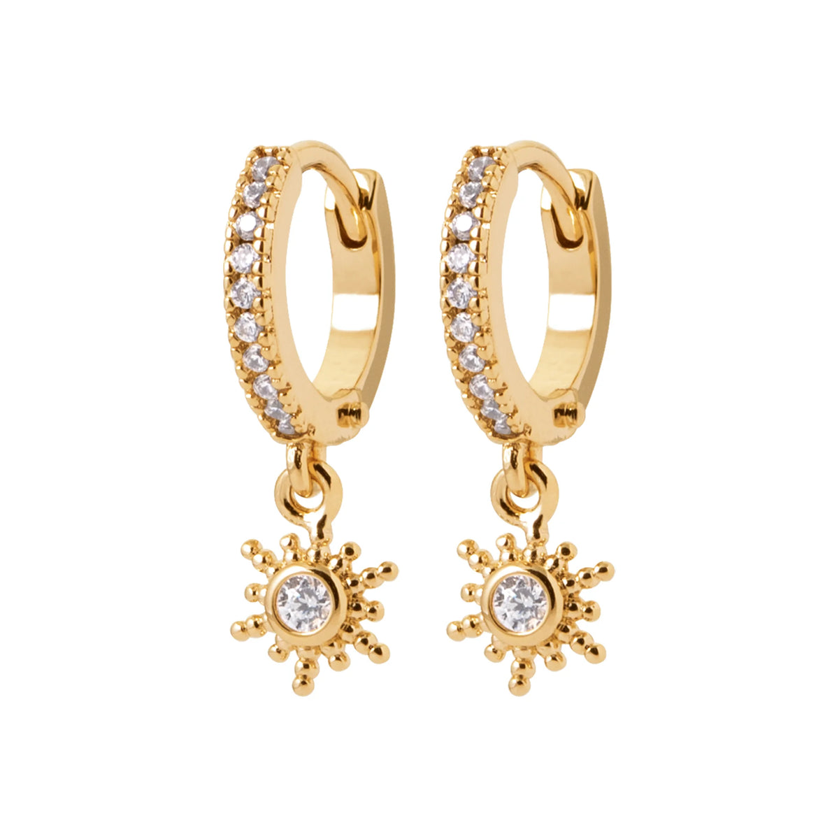 Boucles d’oreilles créoles pavées pendeloque soleil zircon en plaqué or