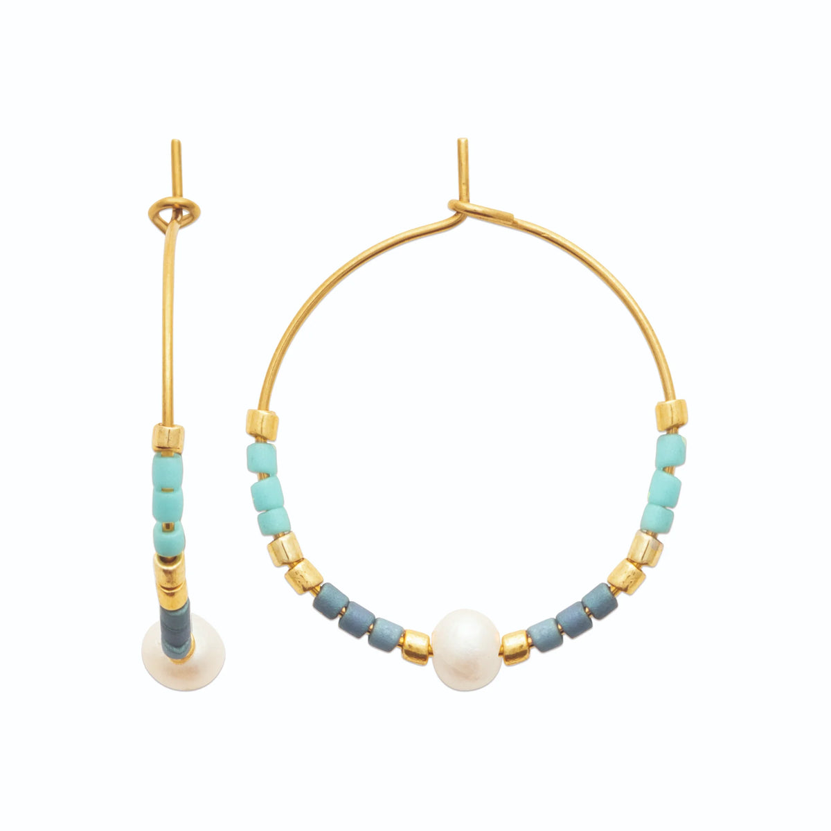 Boucles d’oreilles créoles perles bleues et perle de culture en acier PVD doré