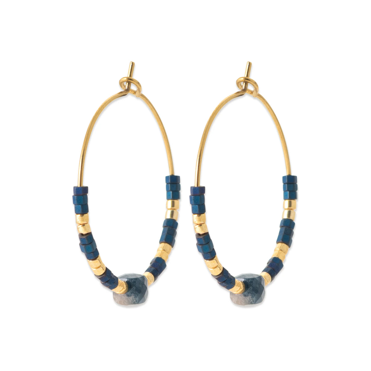 Boucles d’oreilles créoles et perles d’iolite en acier PVD doré