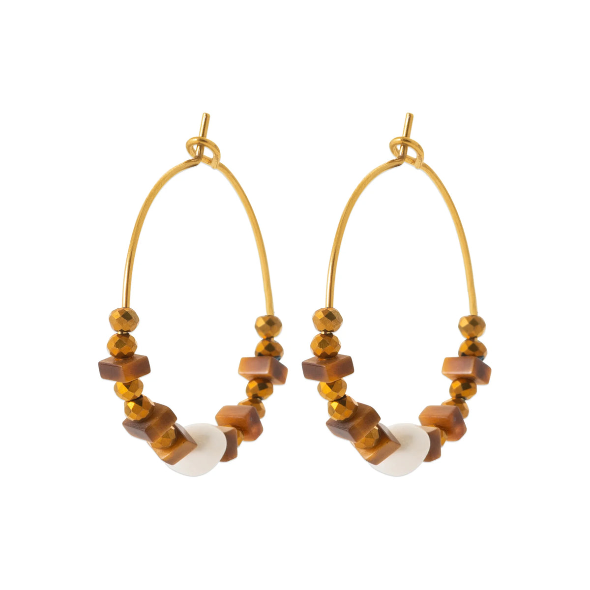 Boucles d’oreilles créoles et perles d’œil-de-tigre en acier PVD doré