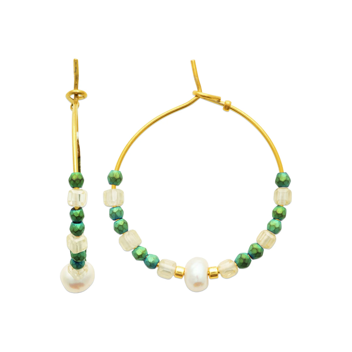 Boucles d’oreilles créoles et perles de malachite en acier PVD doré