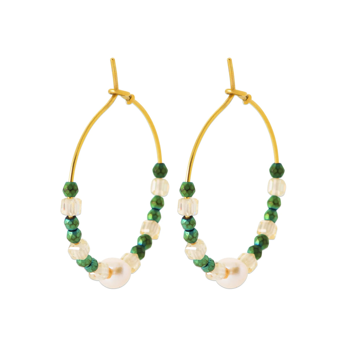 Boucles d’oreilles créoles et perles de malachite en acier PVD doré