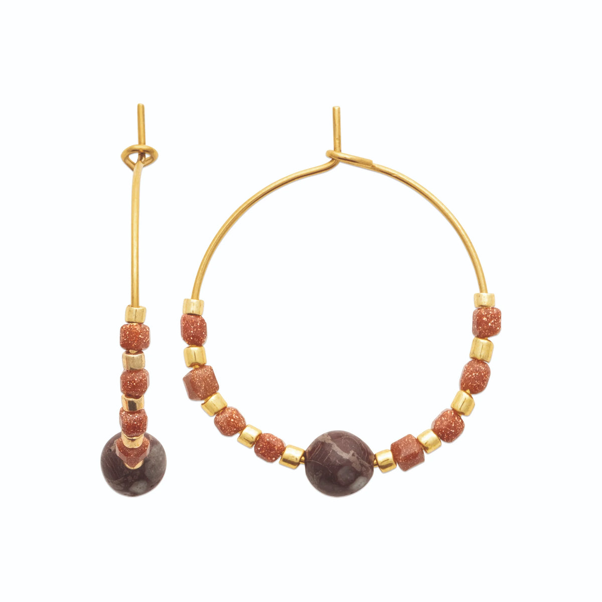 Boucles d’oreilles créoles et perles de pietersite en acier PVD doré