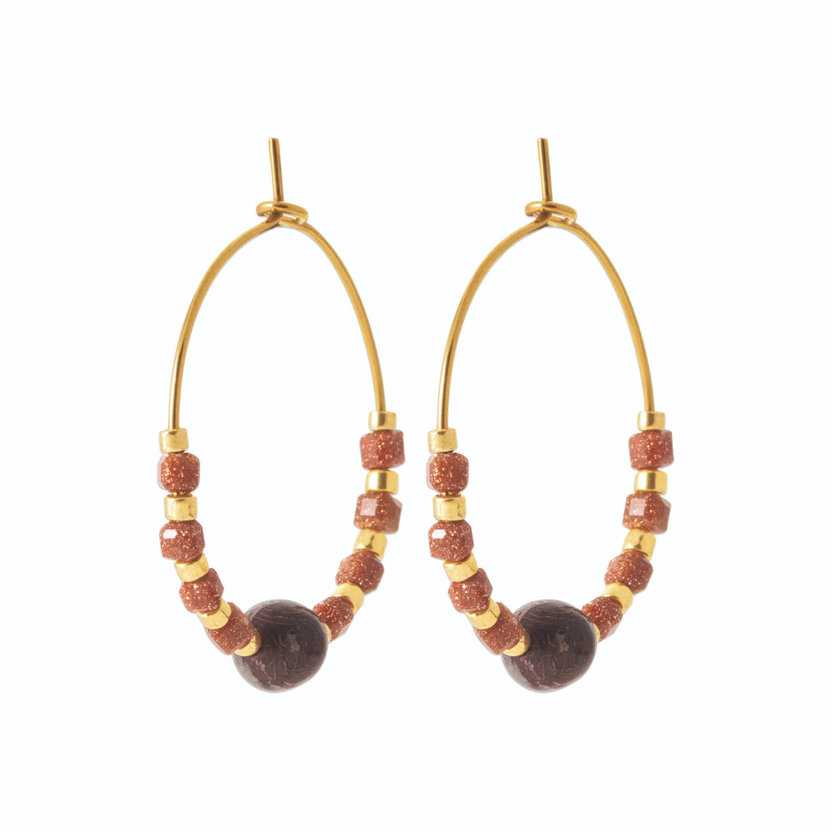 Boucles d’oreilles créoles et perles de pietersite en acier PVD doré