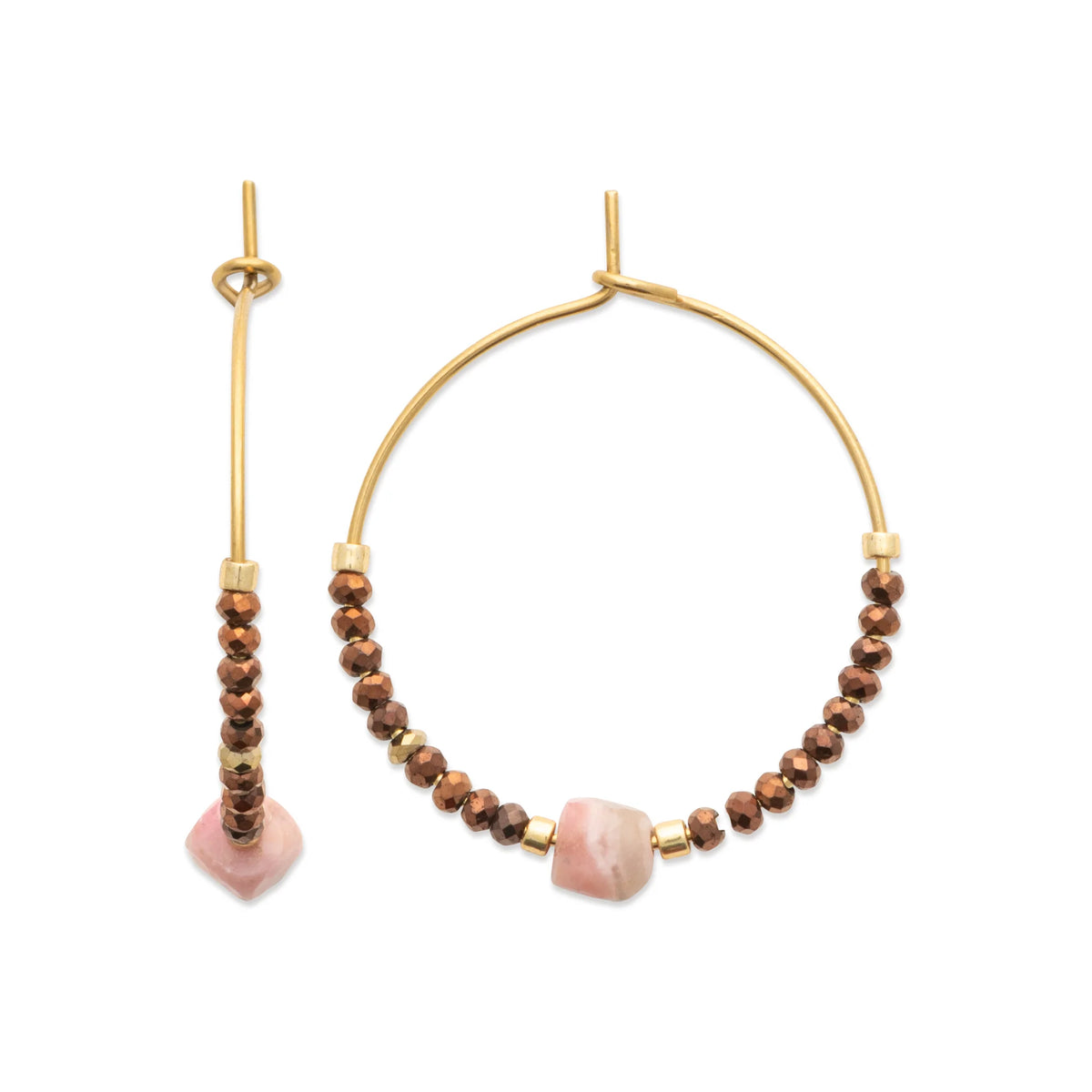 Boucles d’oreilles créoles et perles de rhodonite en acier PVD doré