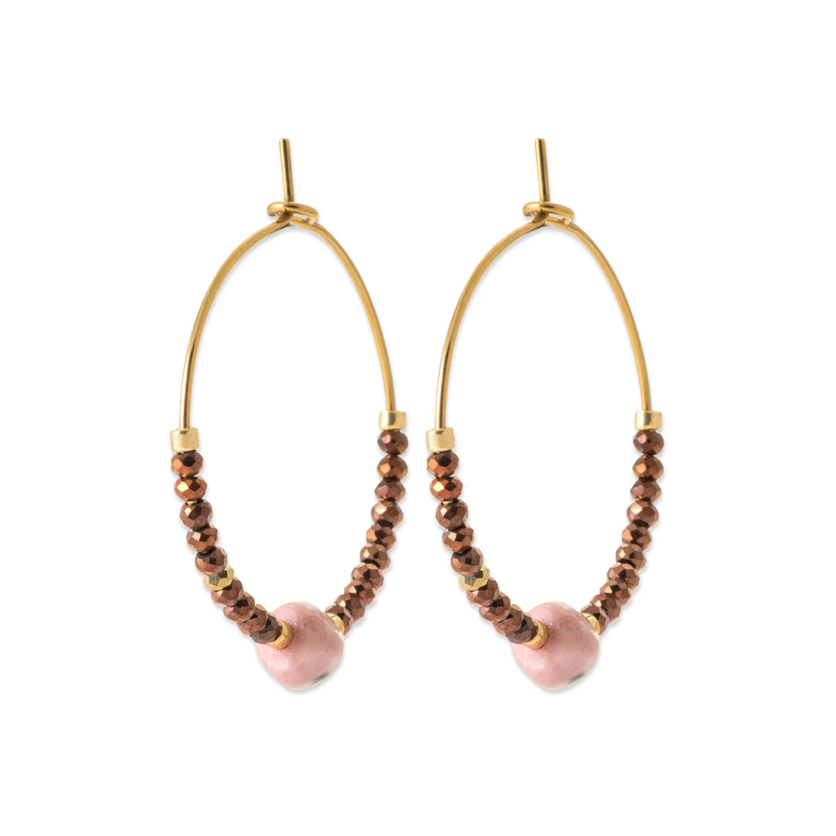 Boucles d’oreilles créoles et perles de rhodonite en acier PVD doré