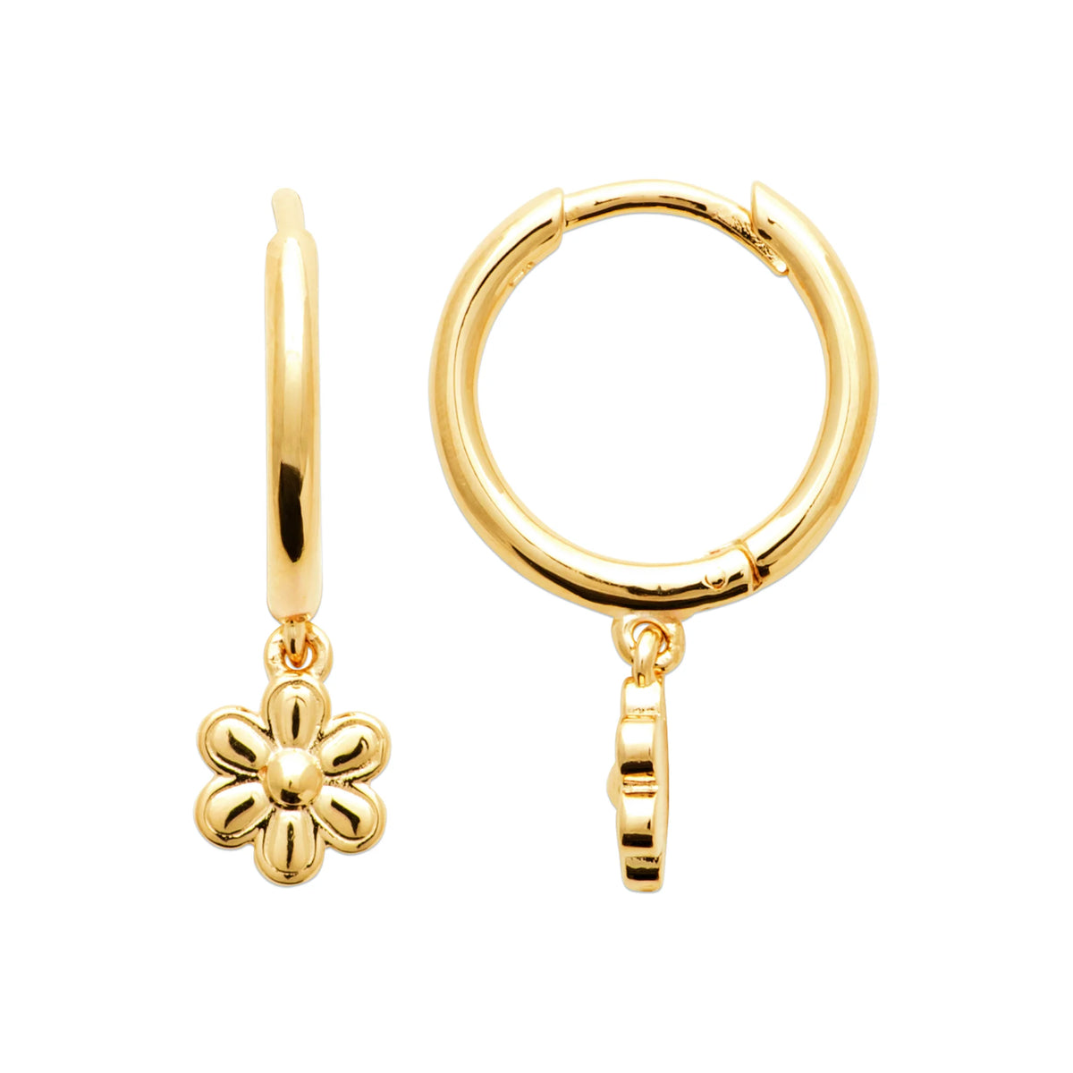 Boucles d’oreilles créoles et petite fleur pendante en plaqué or