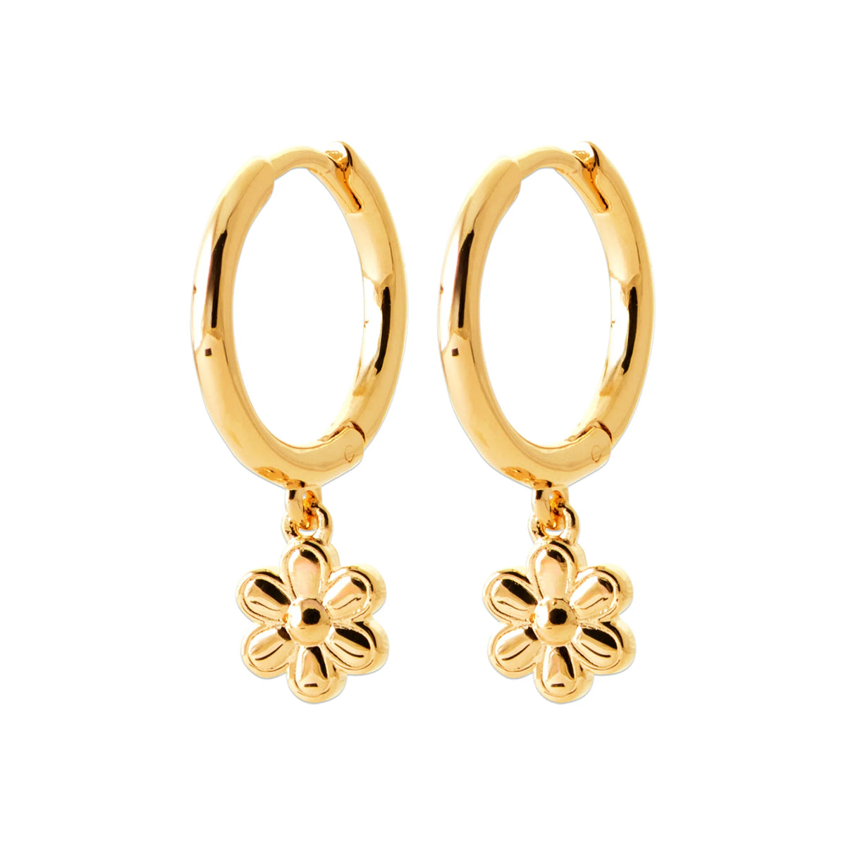 Boucles d’oreilles créoles et petite fleur pendante en plaqué or