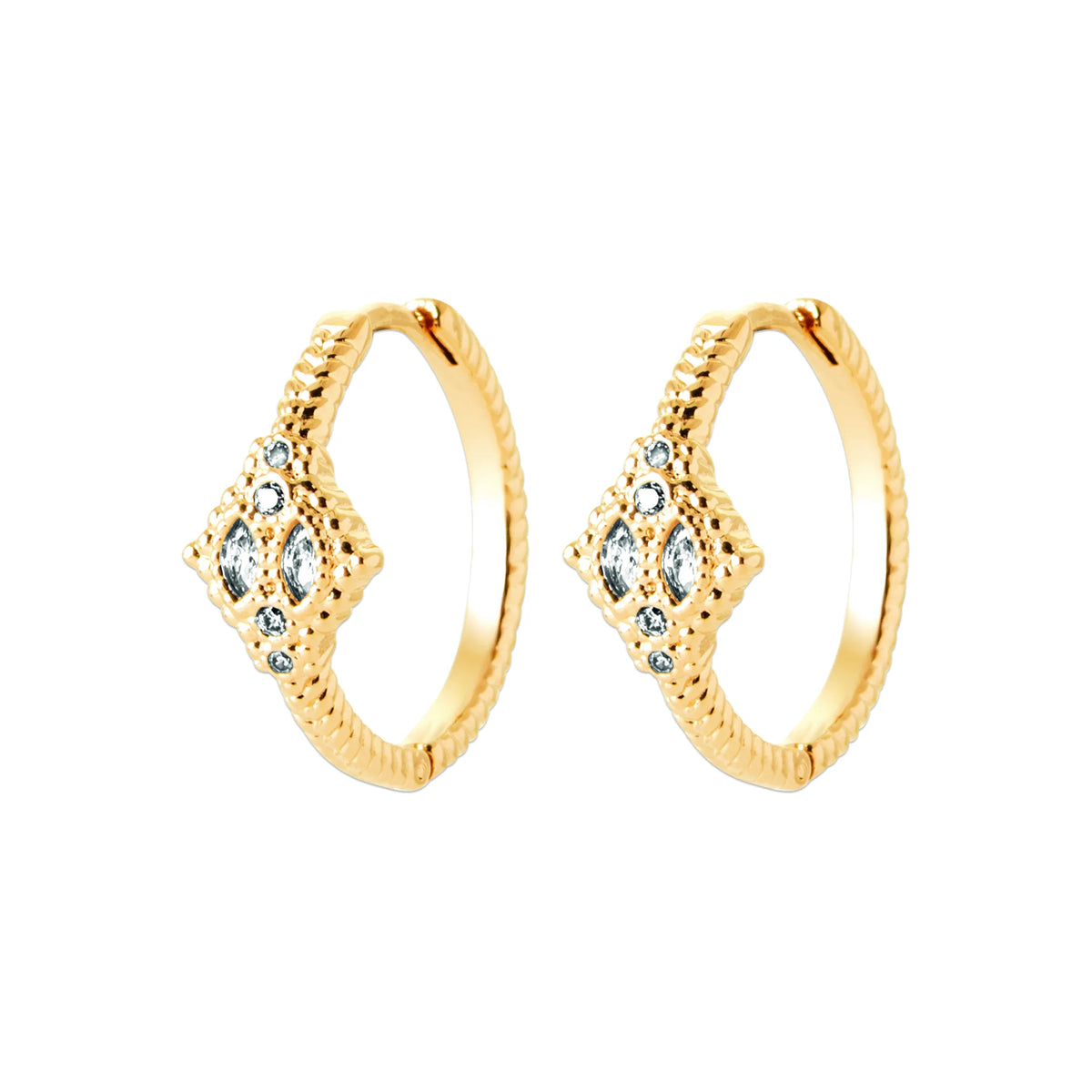Boucles d’oreilles créoles pointe en losange et zircons en plaqué or