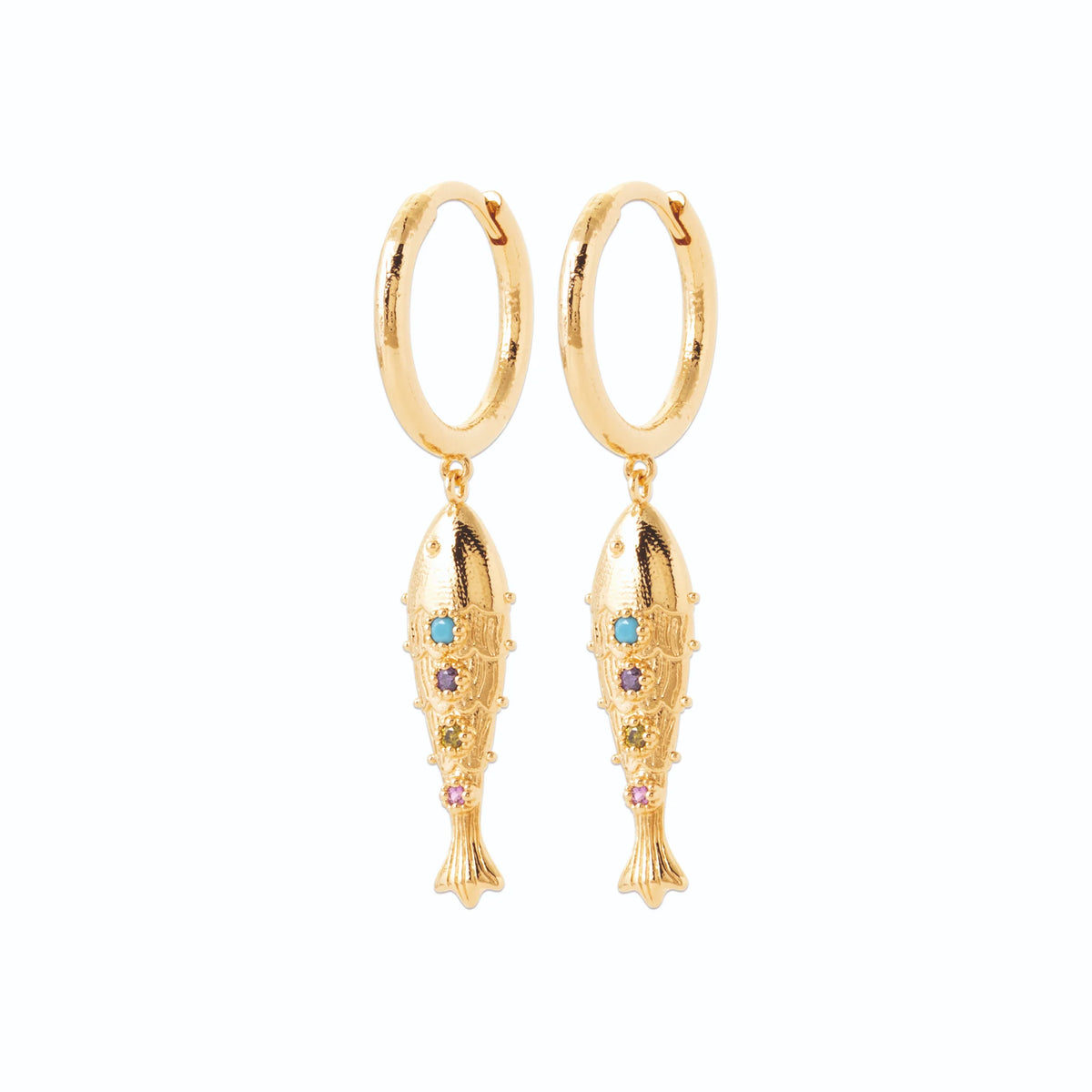 Boucles d’oreilles créoles et poisson ciselé serti de pierres en plaqué or