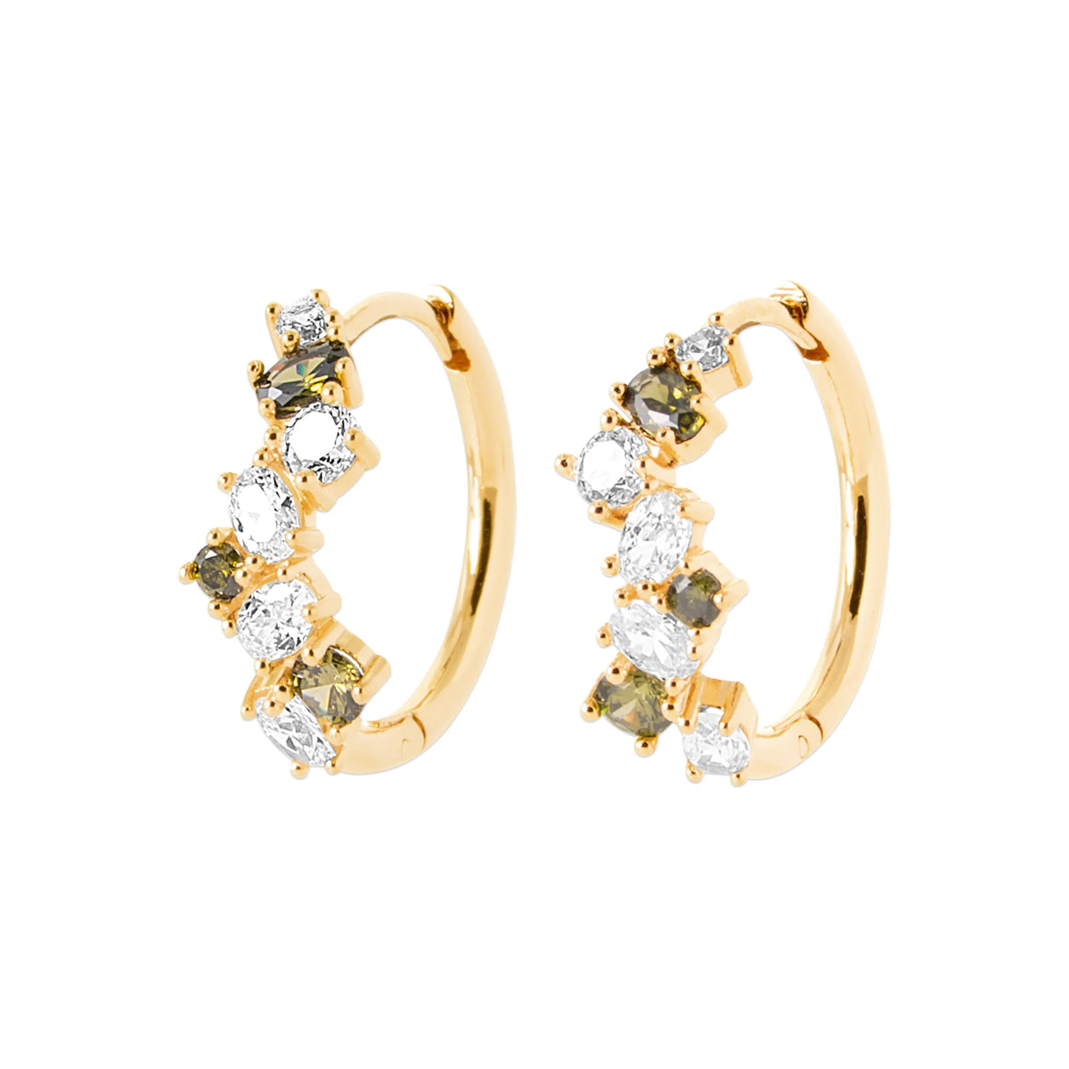 Boucles d’oreilles créoles semées de pierres kaki et zircons en plaqué or