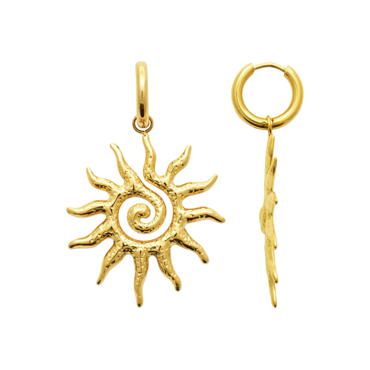 Boucles d’oreilles créoles et soleil spirale en acier PVD doré