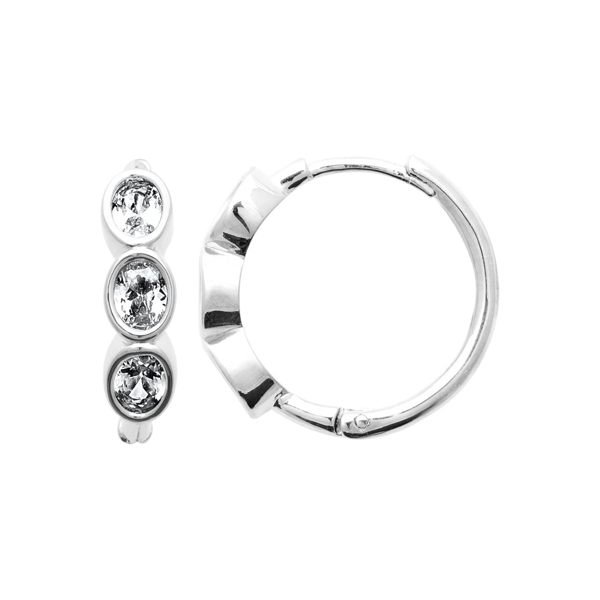 Boucles d’oreilles créoles à trois zircons en anneaux en argent 925 rhodié
