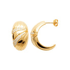 Boucles d’oreilles demi-créoles bombées striées et ligne de zircons en plaqué or
