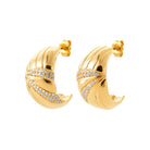 Boucles d’oreilles demi-créoles bombées striées et ligne de zircons en plaqué or