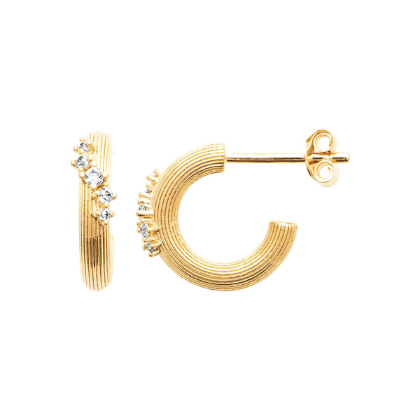 Boucles d’oreilles demi-créoles côtelées et bouquet de zircons en plaqué or, autre vue