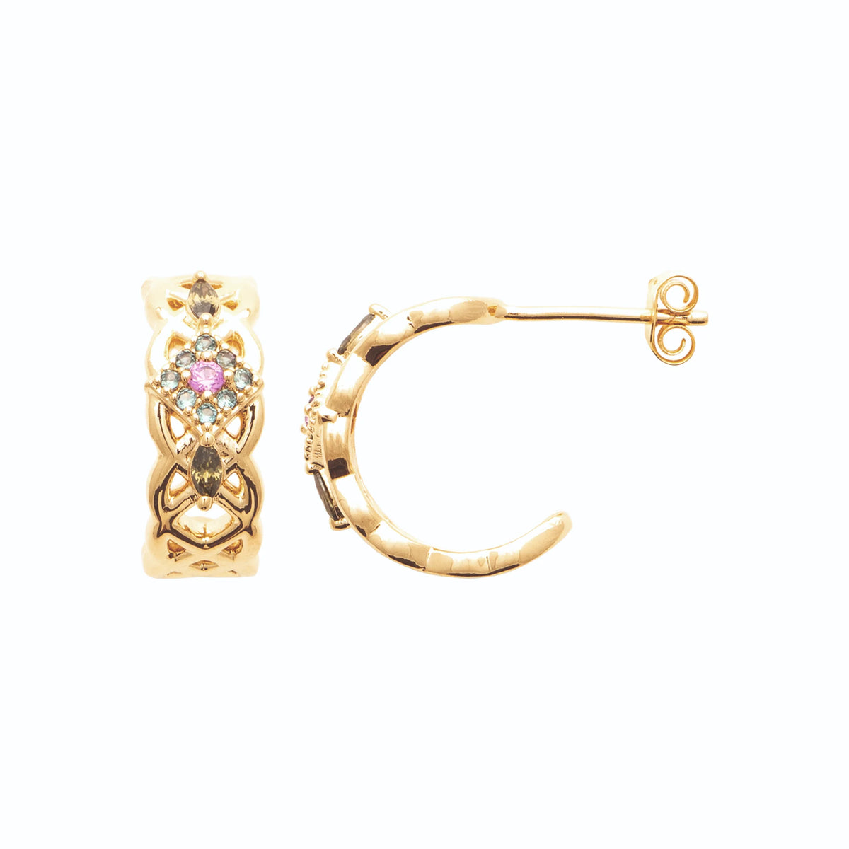Boucles d’oreilles demi-créoles entrelacées et pierre rose en plaqué or