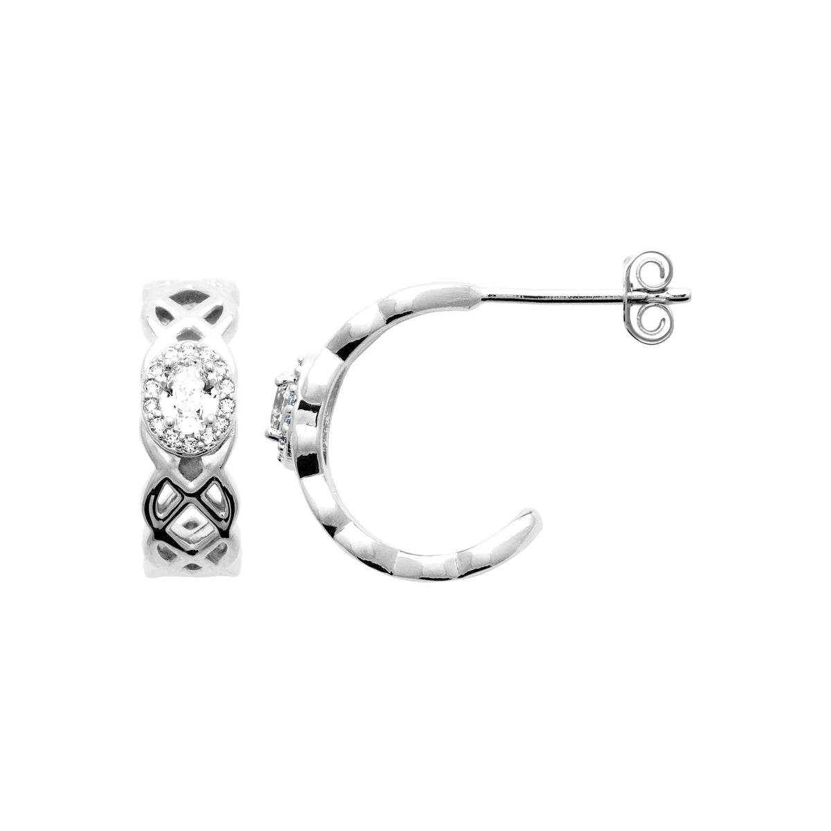 Boucles d’oreilles demi-créoles entrelacées et zircon ovale en argent 925 rhodié