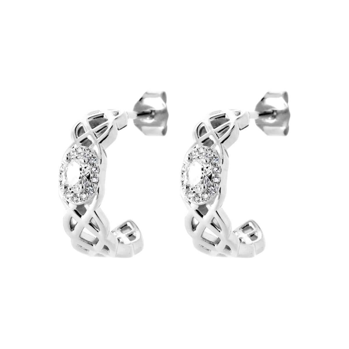 Boucles d’oreilles demi-créoles entrelacées et zircon ovale en argent 925 rhodié