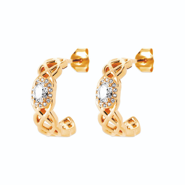 Boucles d’oreilles demi-créoles entrelacées et zircon ovale en plaqué or