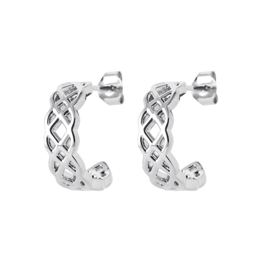 Boucles d’oreilles demi-créoles entrelacs ajourés en argent 925 rhodié, vue de face