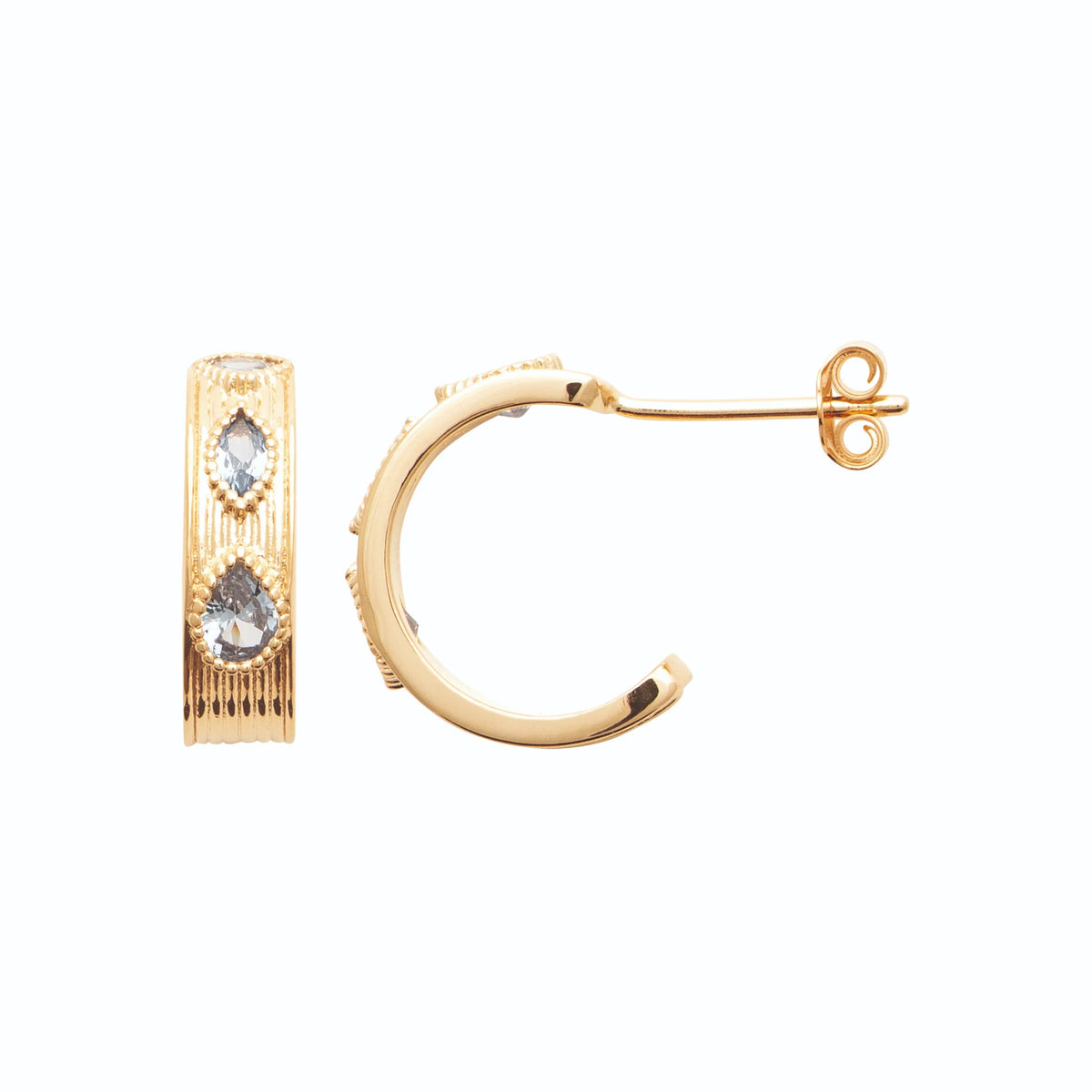 Boucles d’oreilles demi-créoles gravées et pierres navettes en plaqué or