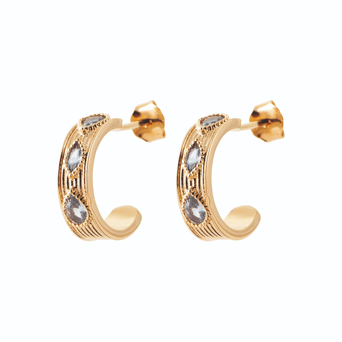 Boucles d’oreilles demi-créoles gravées et pierres navettes en plaqué or