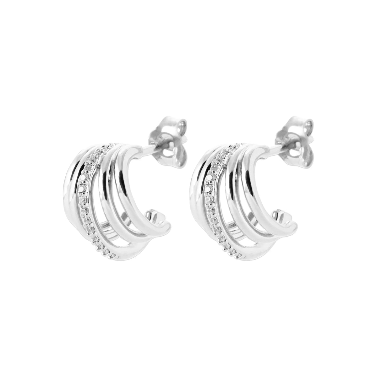Boucles d’oreilles demi-créoles triple anneau en argent 925 et zircons