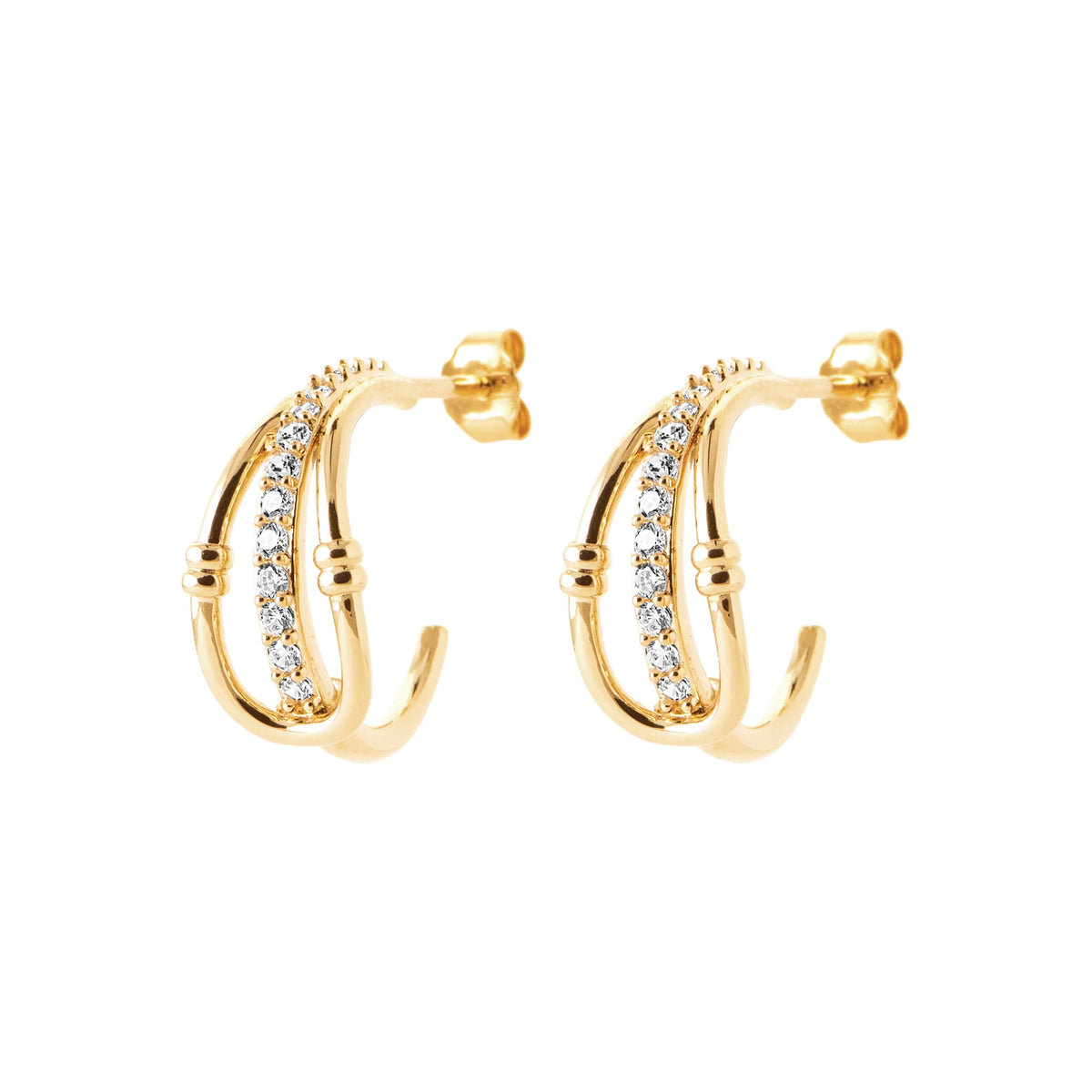 Boucles d’oreilles demi-créoles trois fils et ligne de zircons en plaqué or