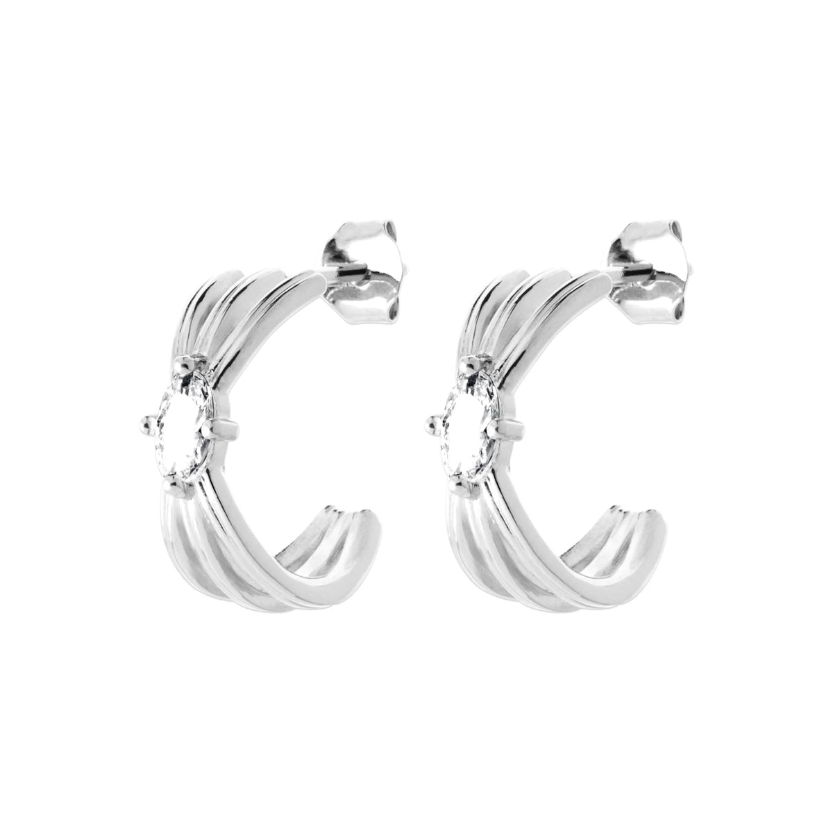 Boucles d’oreilles demi-créoles trois fils et zircon navette en argent 925 rhodié