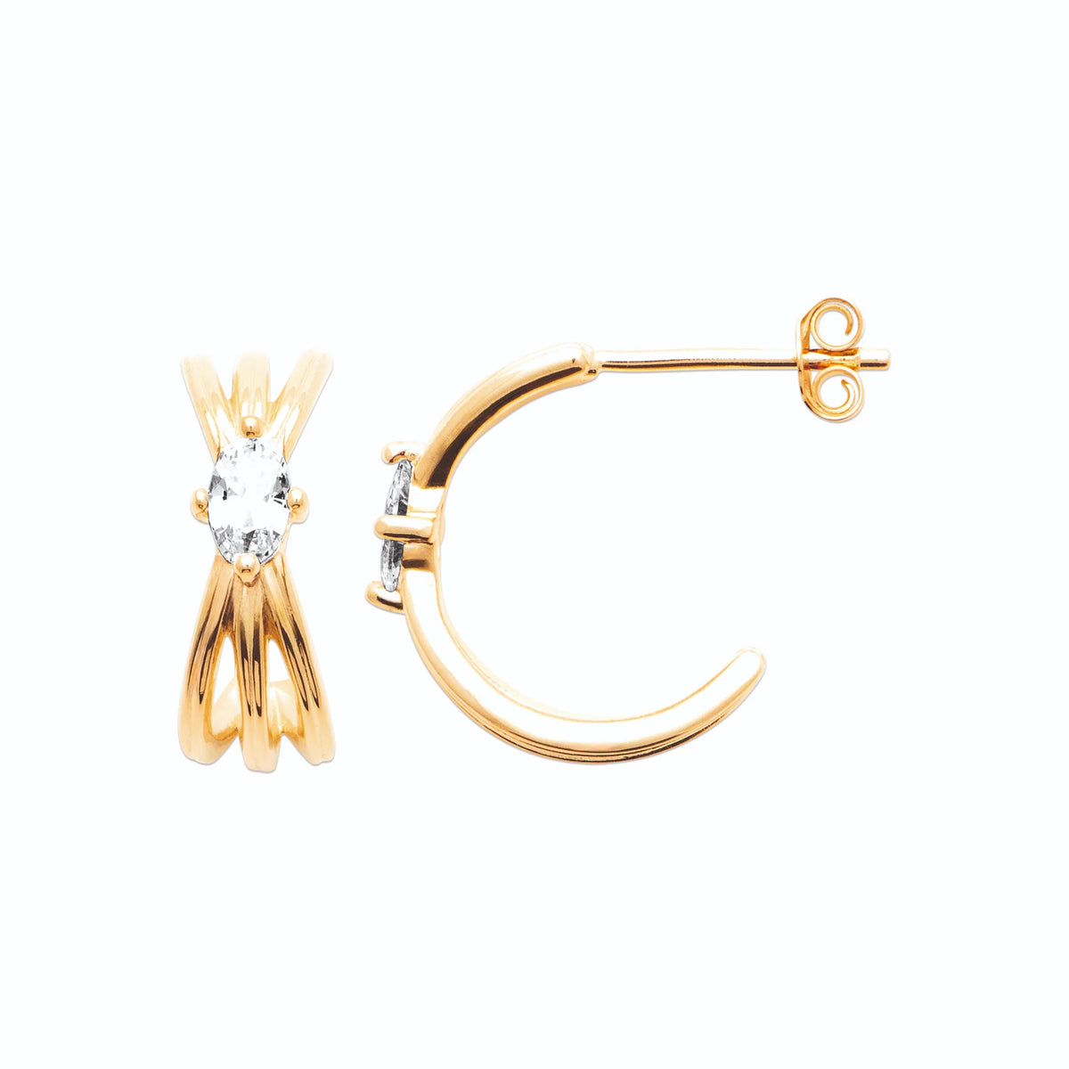 Boucles d’oreilles demi-créoles trois fils et zircon navette en plaqué or